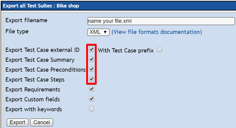 Testlink export options